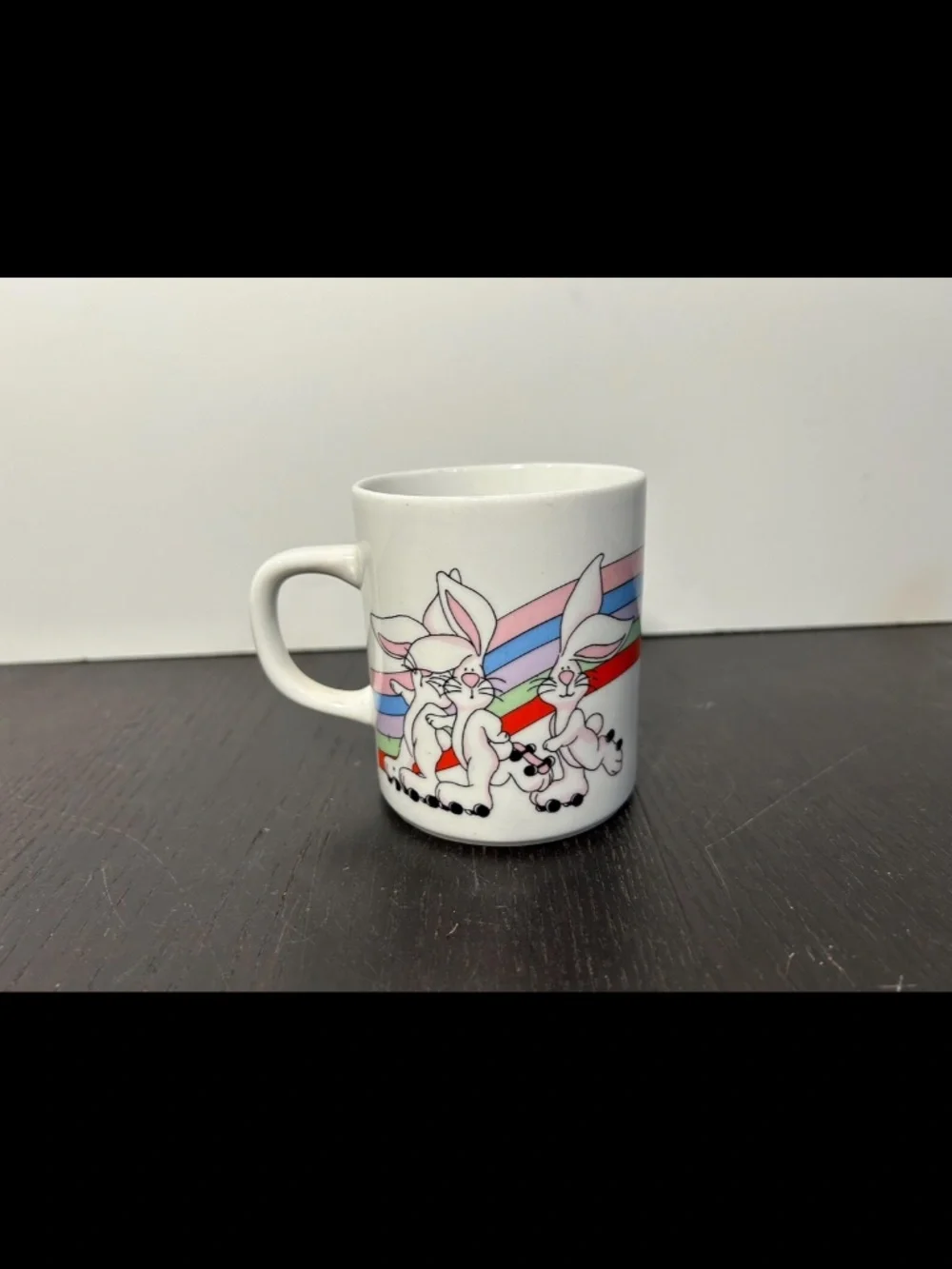 Vintage Roller Skating Bunnies/Rabbits with Rainbow Coffee Mug/Coffee Cup 1980s